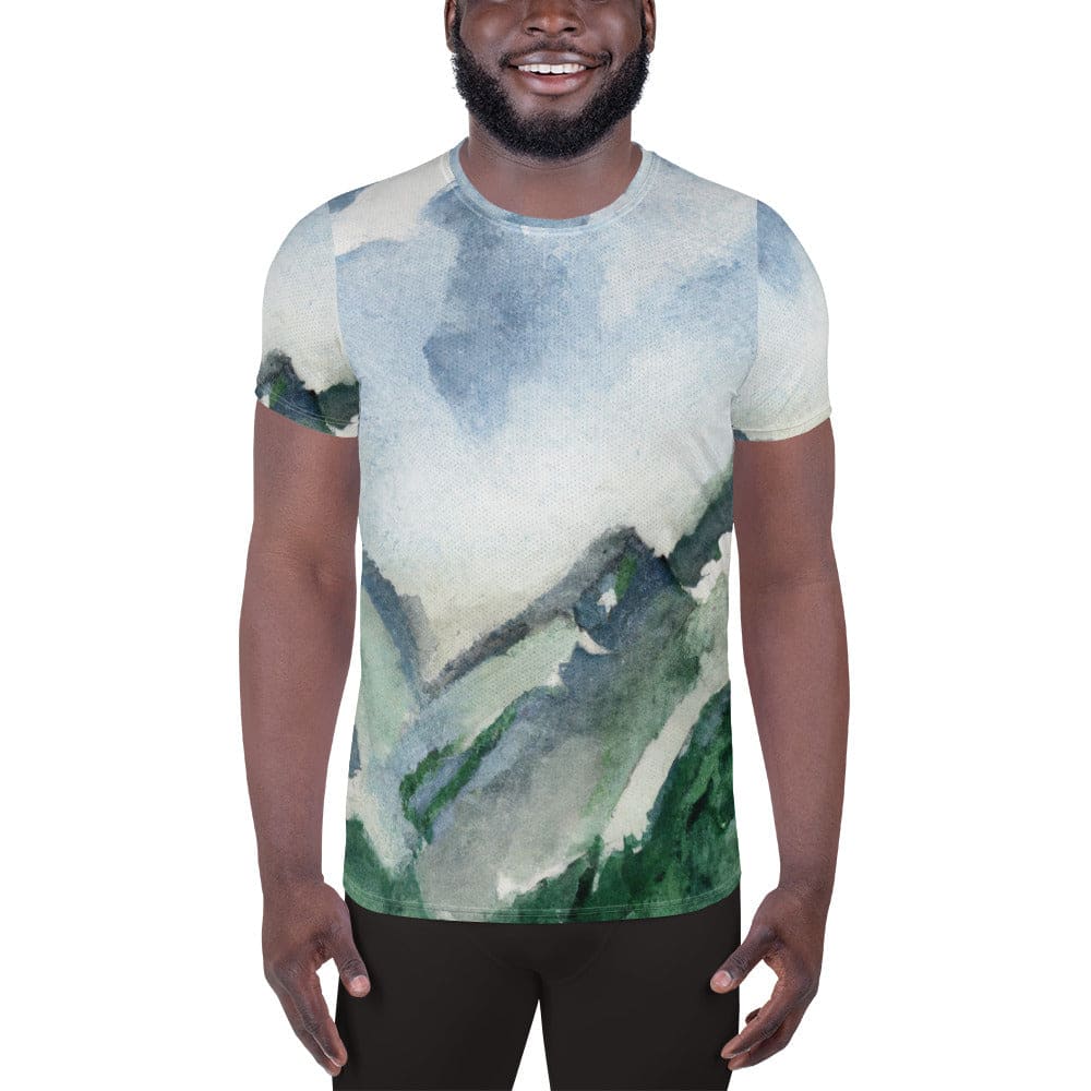 Mens Stretch Fit Athletic Sports T-shirt - Green Mountainside Nature - Smile, Earn, Grow