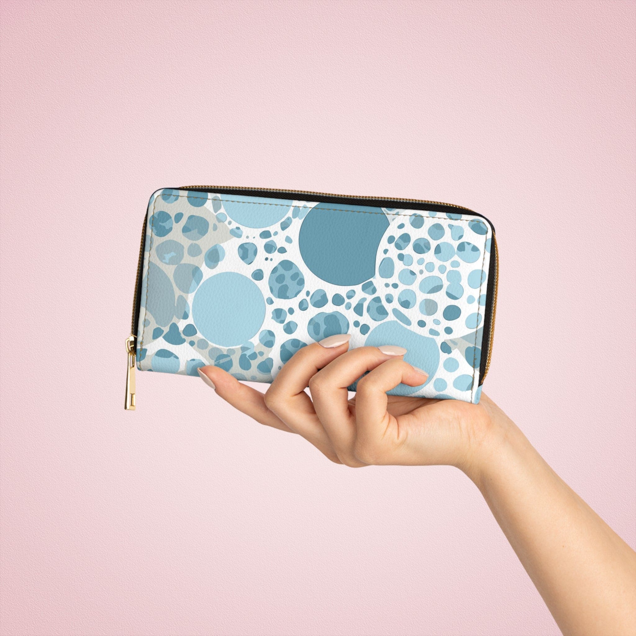 Blue and White Circular Spotted Illustration Womens Zipper Wallet Clutch Purse-3