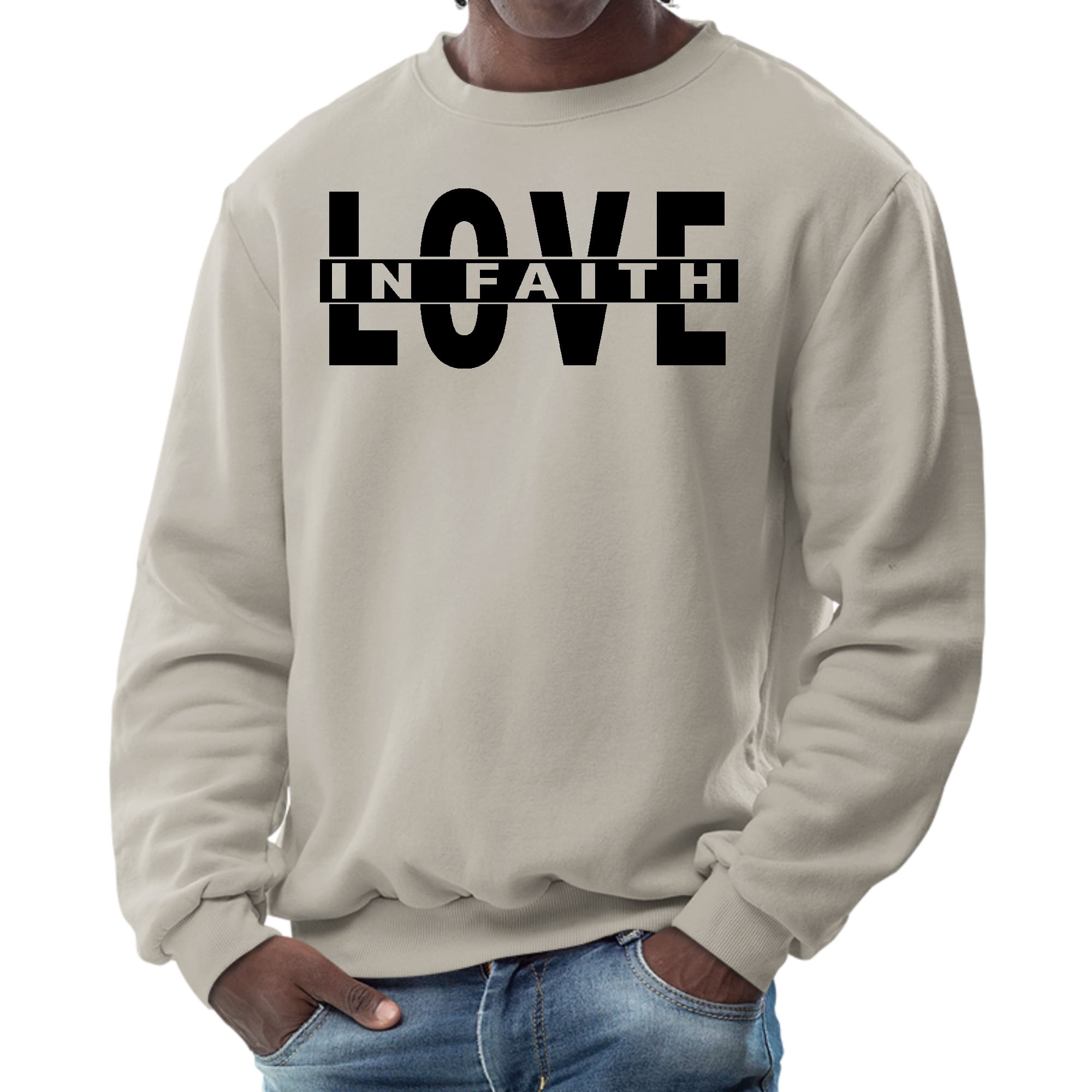 Mens Graphic Sweatshirt - Love in Faith Black Illustration - Smile, Earn, Grow