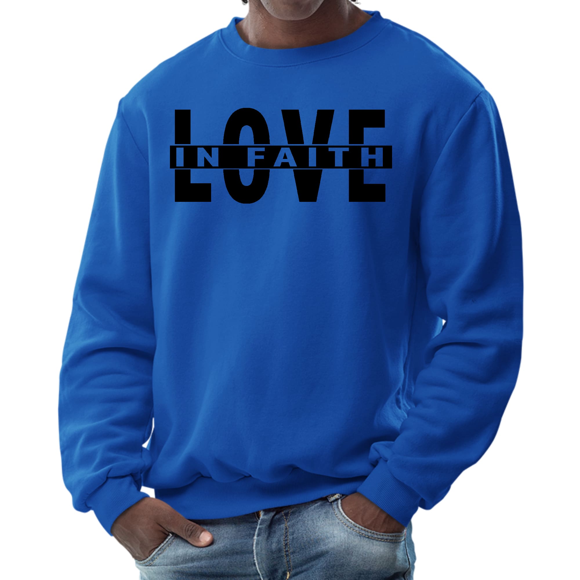 Mens Graphic Sweatshirt - Love in Faith Black Illustration - Smile, Earn, Grow