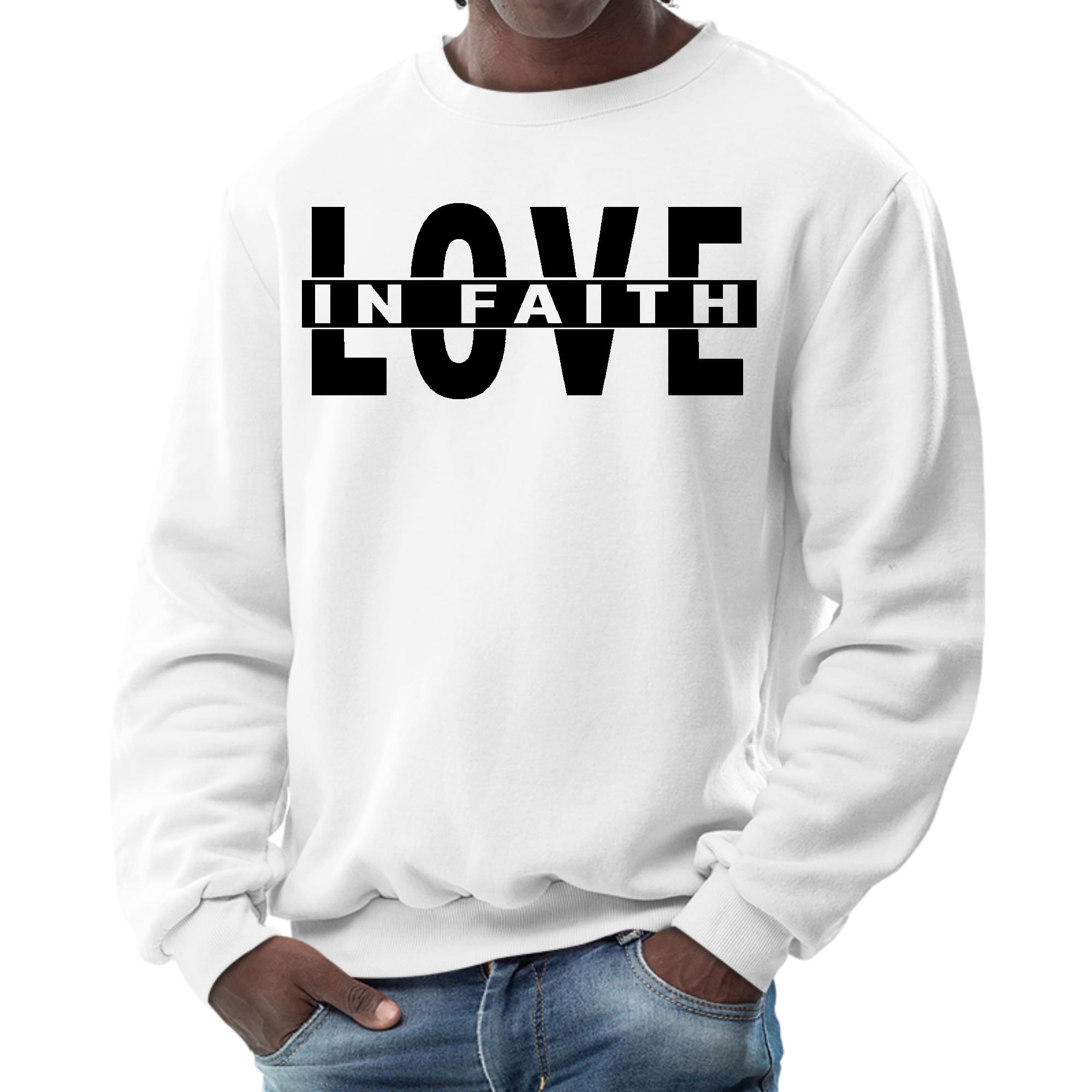 Mens Graphic Sweatshirt - Love in Faith Black Illustration - Smile, Earn, Grow