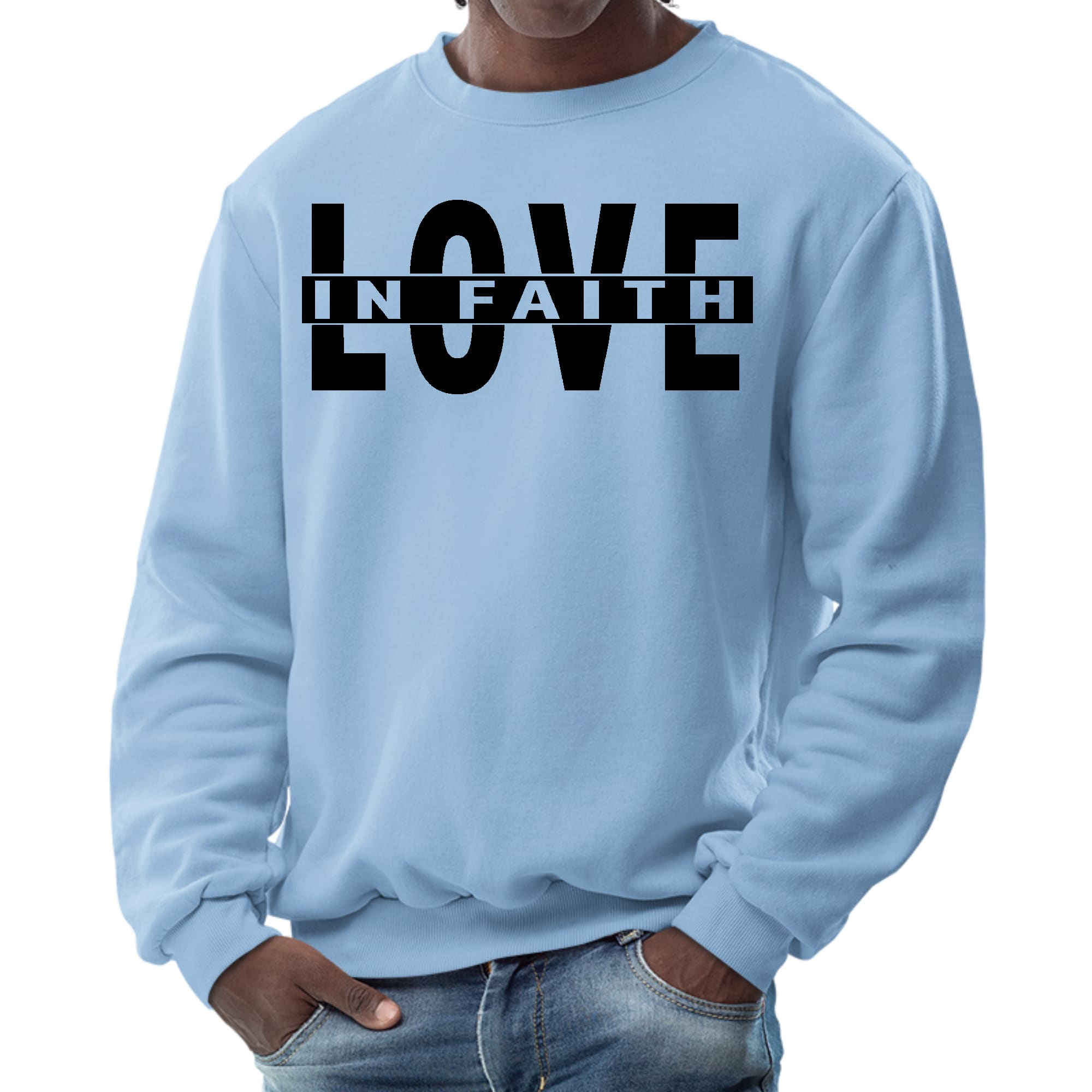 Mens Graphic Sweatshirt - Love in Faith Black Illustration - Smile, Earn, Grow