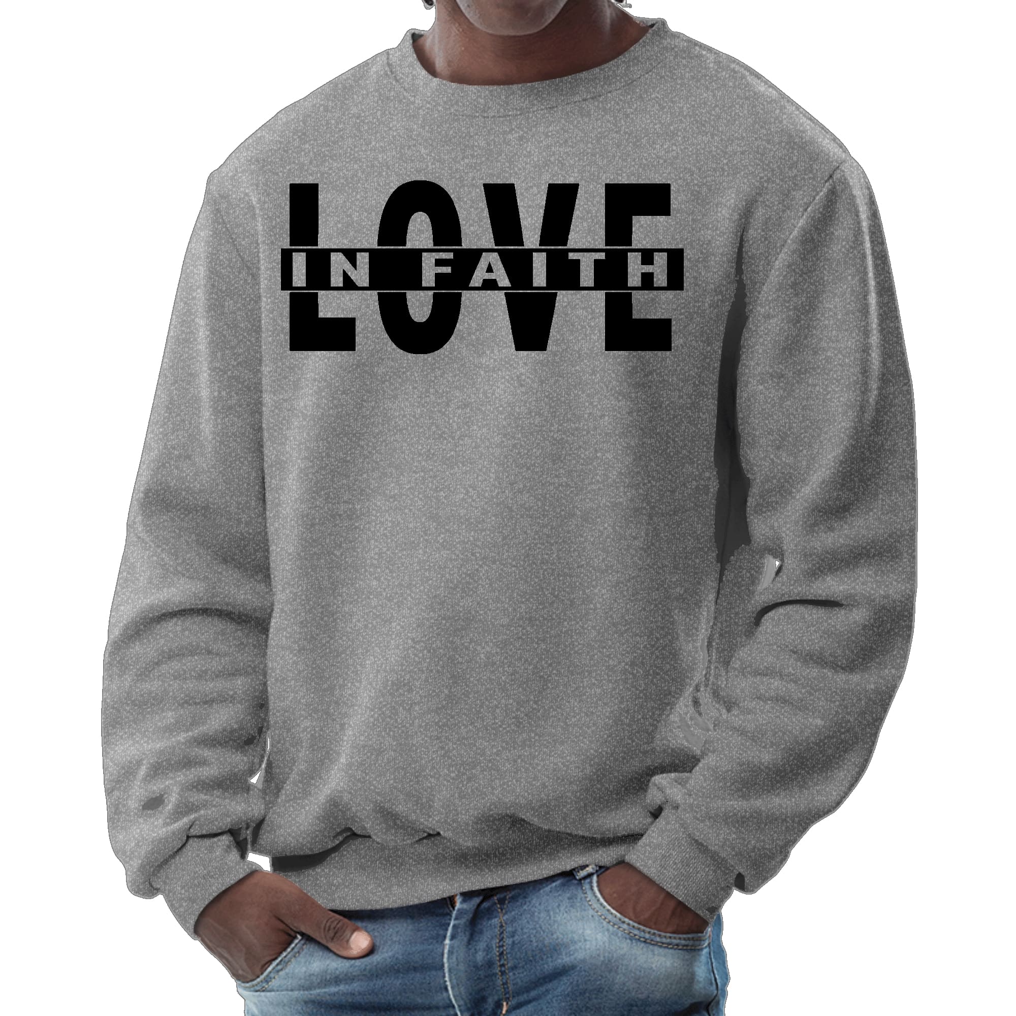 Mens Graphic Sweatshirt - Love in Faith Black Illustration - Smile, Earn, Grow