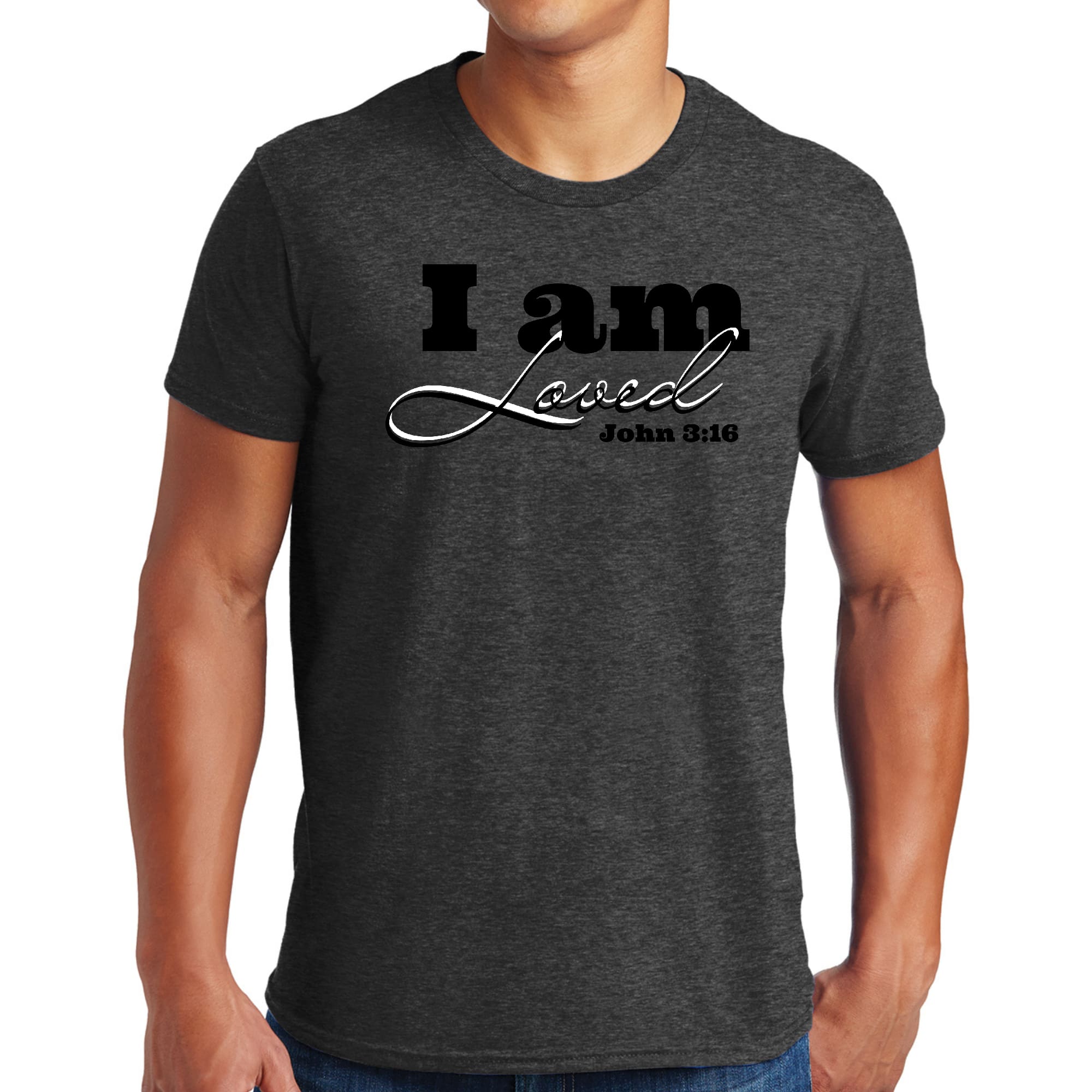 Mens Graphic T-shirt i am Loved - John 3:16 Black Illustration - Smile, Earn, Grow