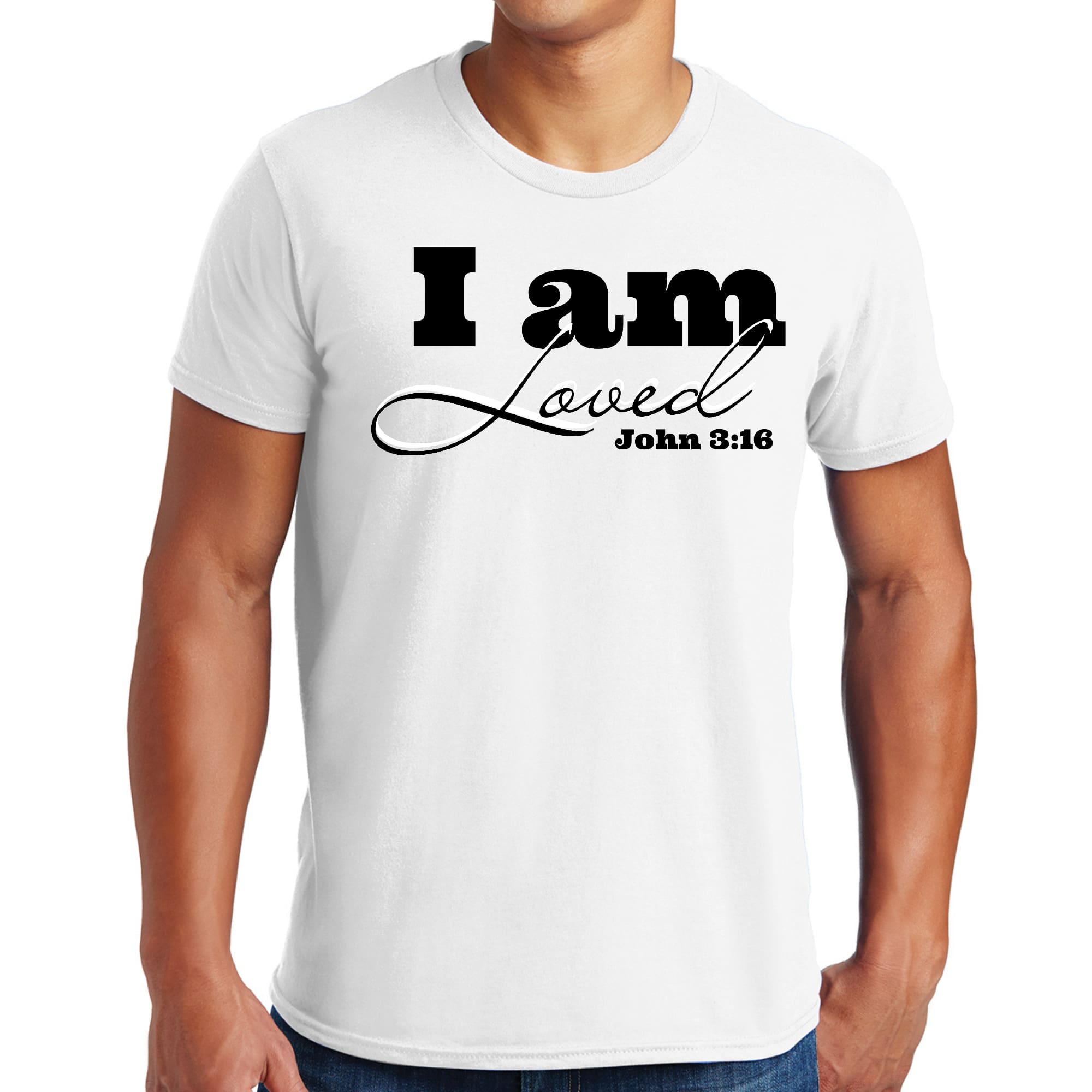 Mens Graphic T-shirt i am Loved - John 3:16 Black Illustration - Smile, Earn, Grow