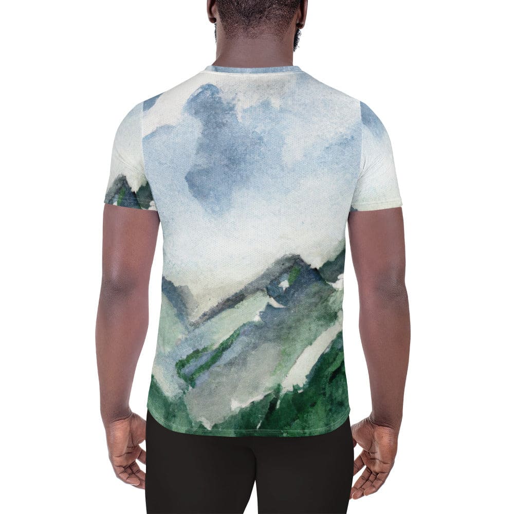 Mens Stretch Fit Athletic Sports T-shirt - Green Mountainside Nature - Smile, Earn, Grow