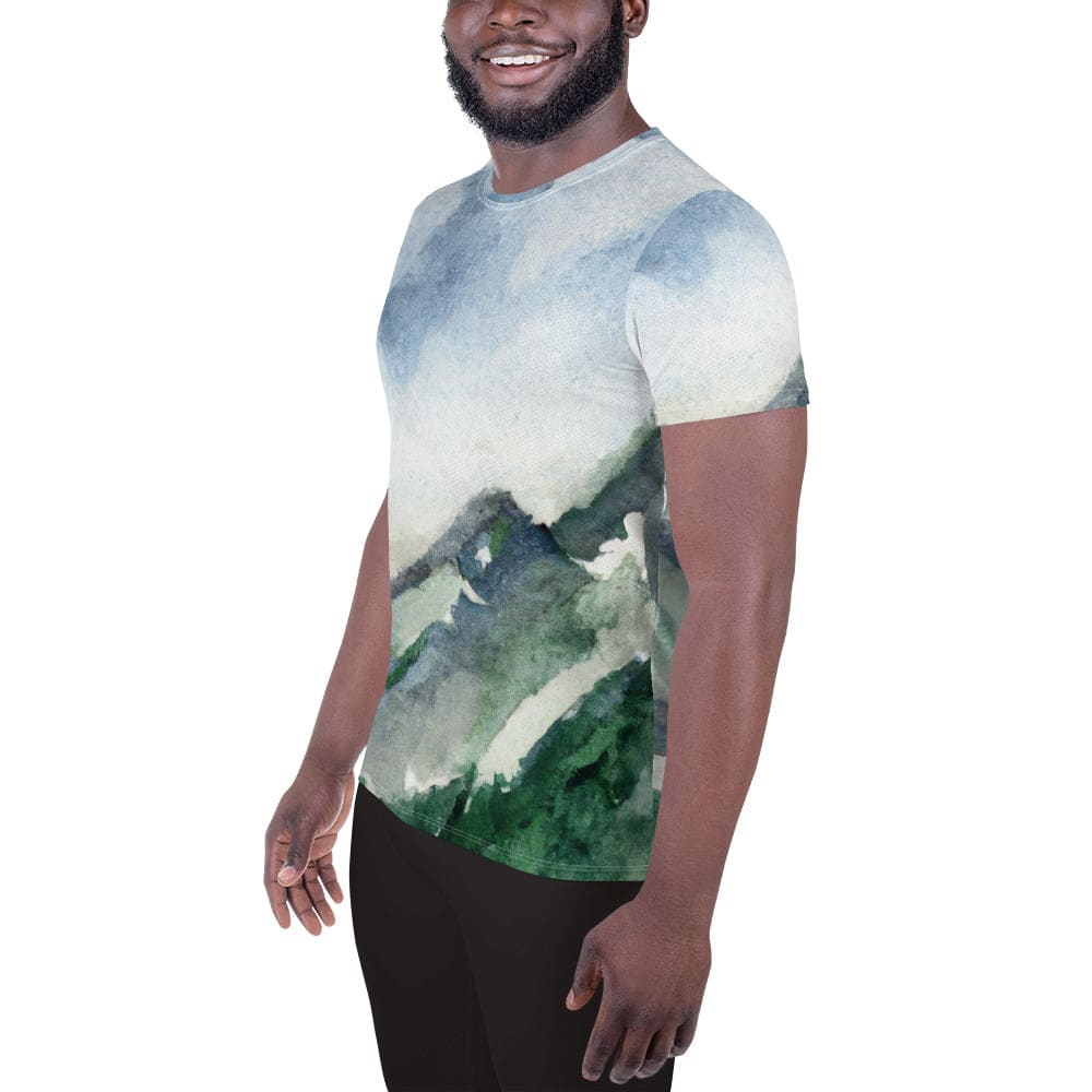 Mens Stretch Fit Athletic Sports T-shirt - Green Mountainside Nature - Smile, Earn, Grow