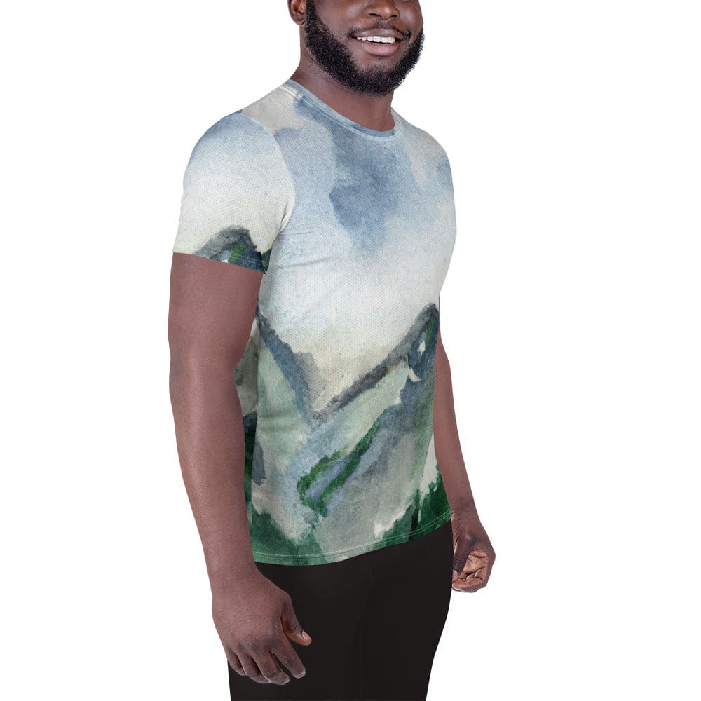 Mens Stretch Fit Athletic Sports T-shirt - Green Mountainside Nature - Smile, Earn, Grow
