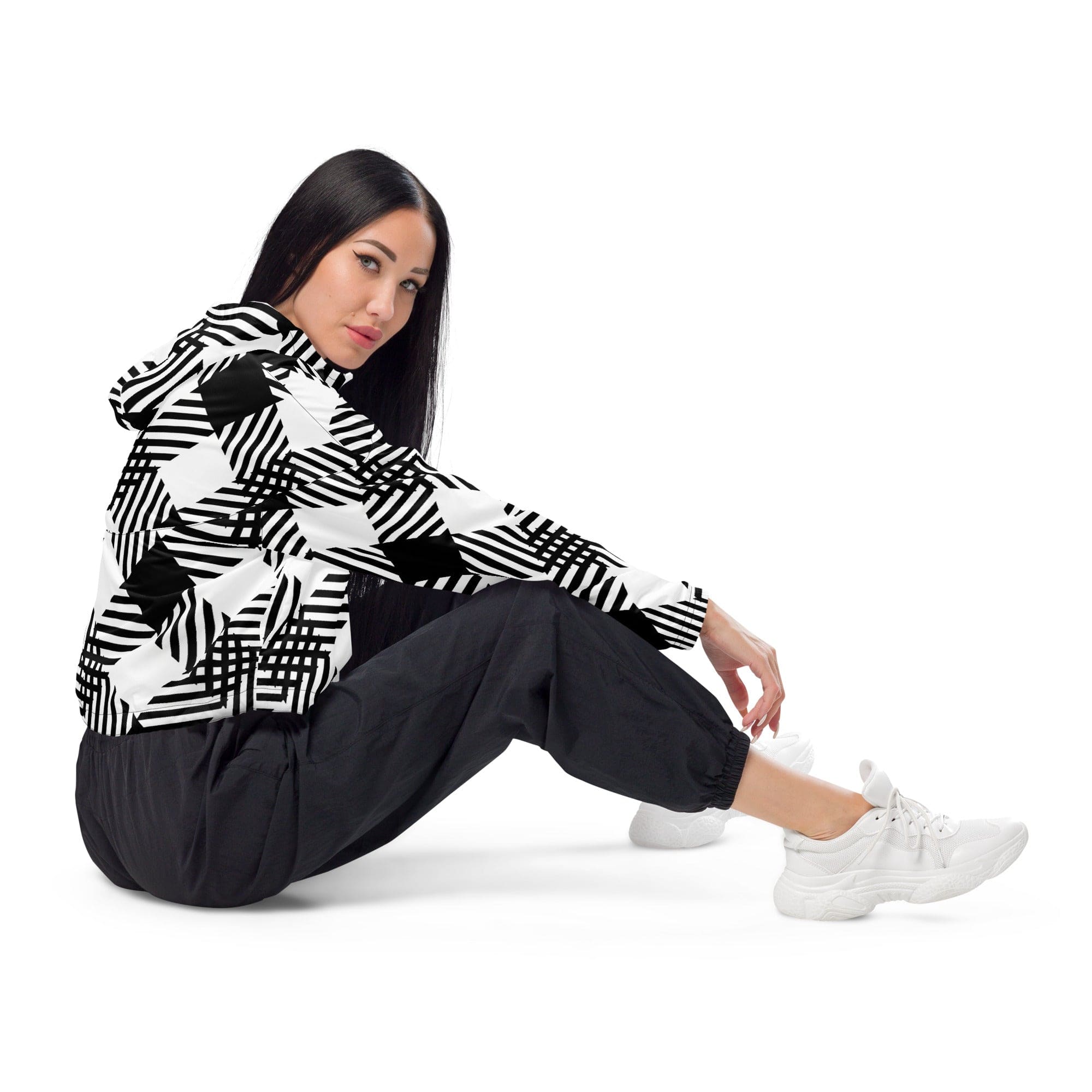 Womens Cropped Windbreaker - Black and White Plaid Print