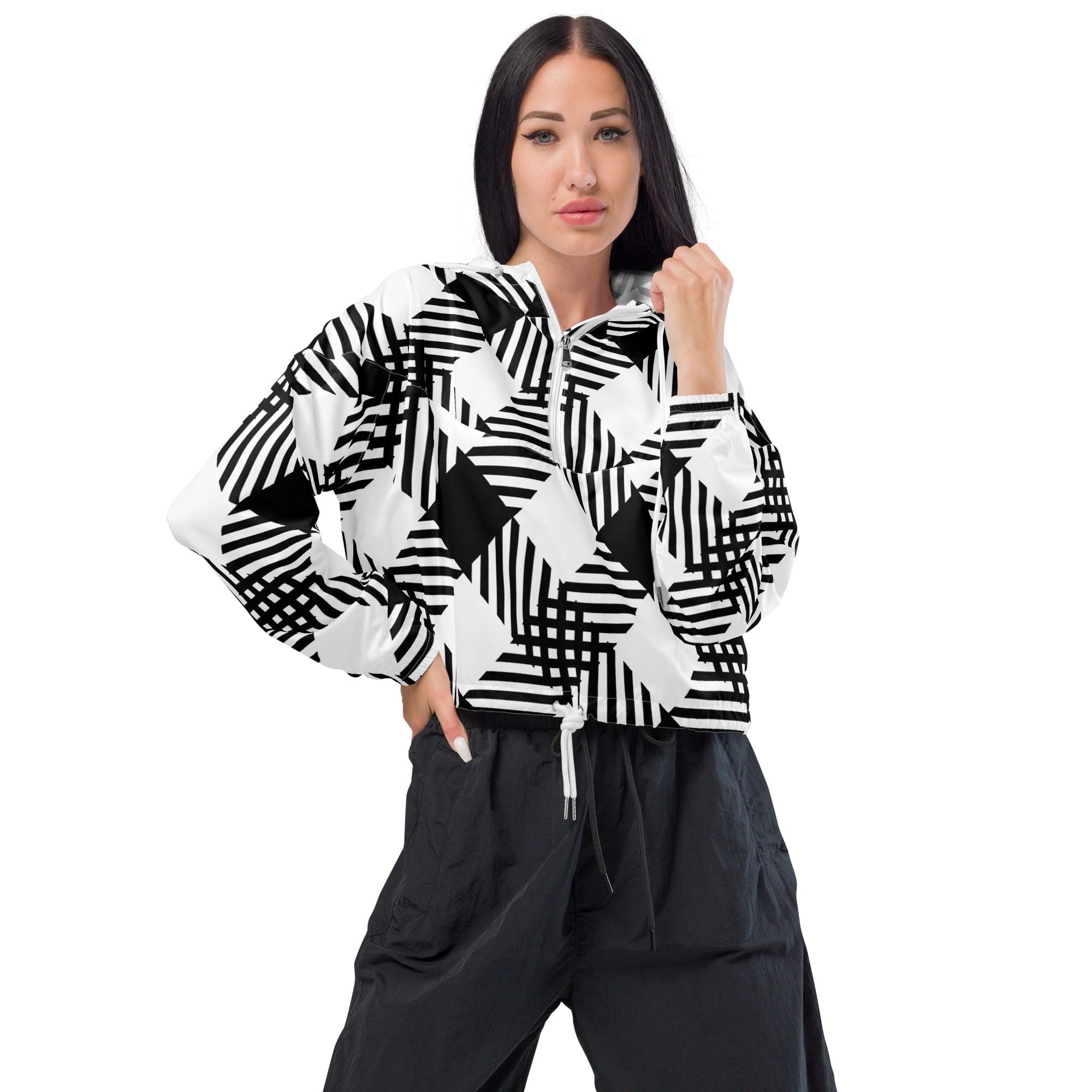 Womens Cropped Windbreaker - Black and White Plaid Print